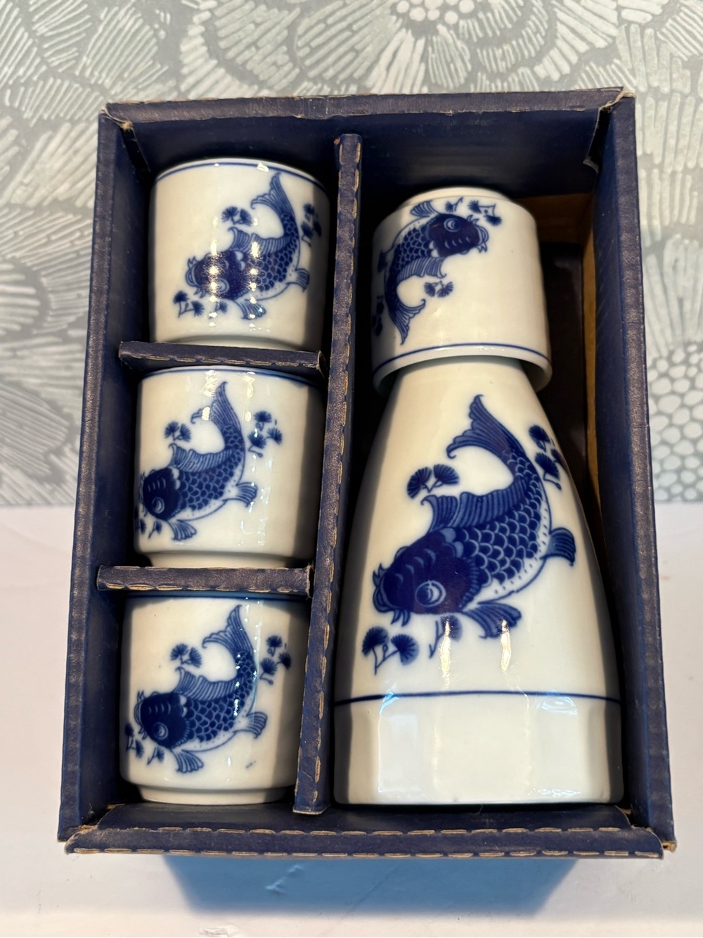 Vintage Blue & White Ceramic Koi Sake Set